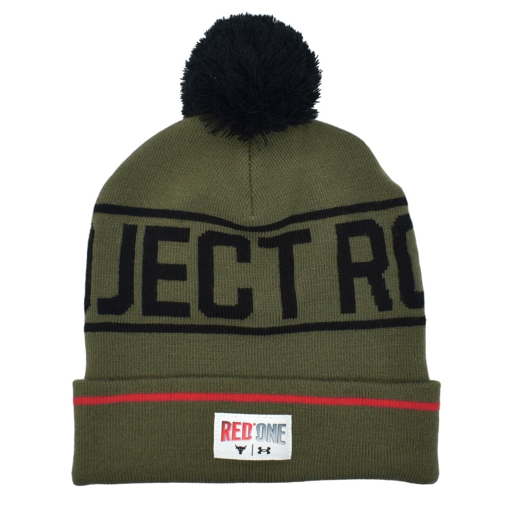 Under Armour Project Rock Red One Pom Beanie Hat Olive Green NEW 6003768-390